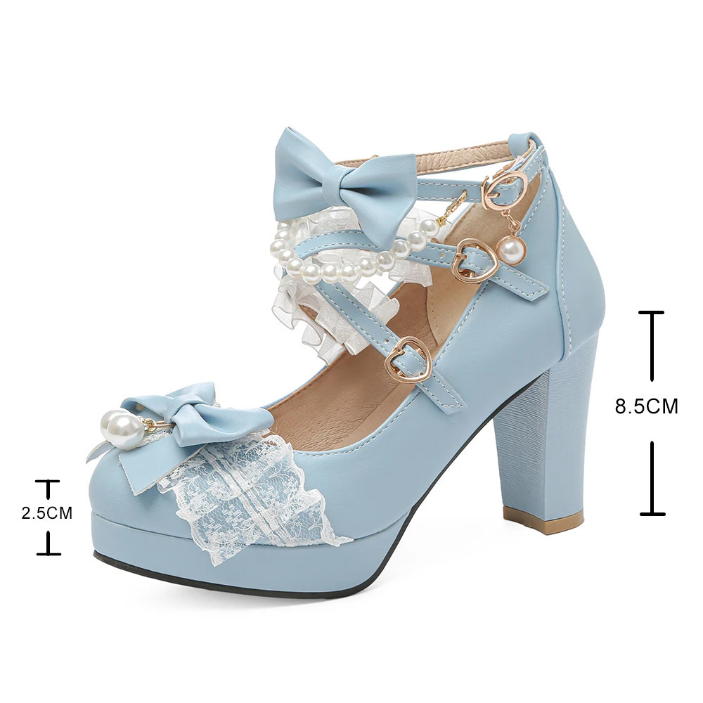 Cross Strap Pearl Women High Heels Mary Jane Pumps Party Wedding White Pink Black Strawberry Bow Princess Cosplay Lolita Shoes 251010
