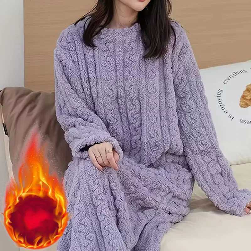 Autumn Winter Coral Fleece Pajama Set For Women Thick Warm Two Piece Outfit Soft Cozy Homewear Suit And Sleepwear Y251013
