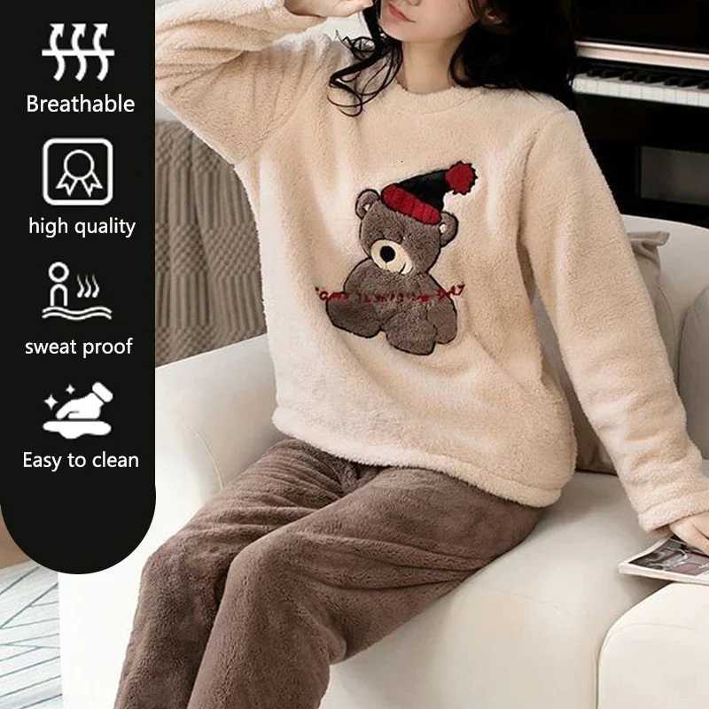 Thickened Warm Large Size Padded Fall and Winter Womens Pajamas Top and Pants Set Coral Velvet Ladies Cartoon Bear 2PCSSetT251014