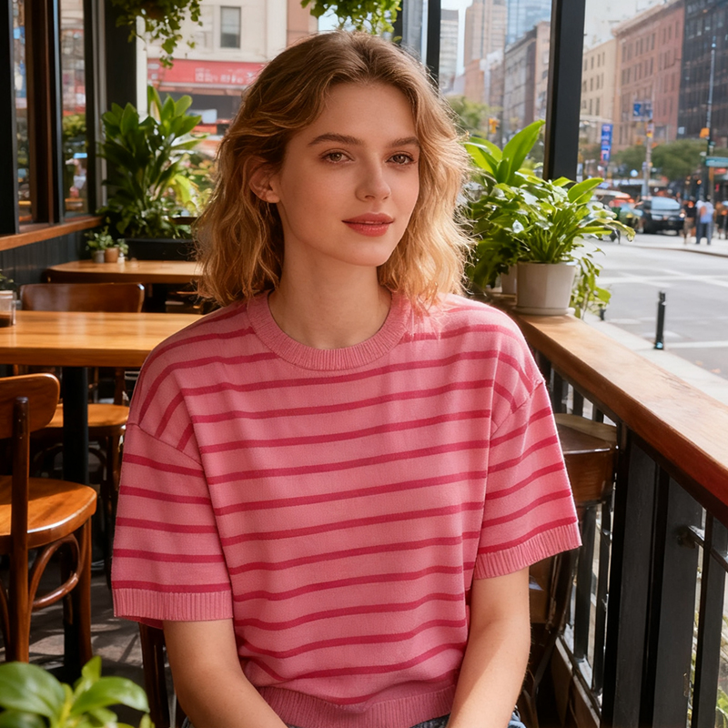 Women's T-Shirt Women's Pink Striped Short - Sleeve Pullover Top, Casual and Stylish AS25-0301