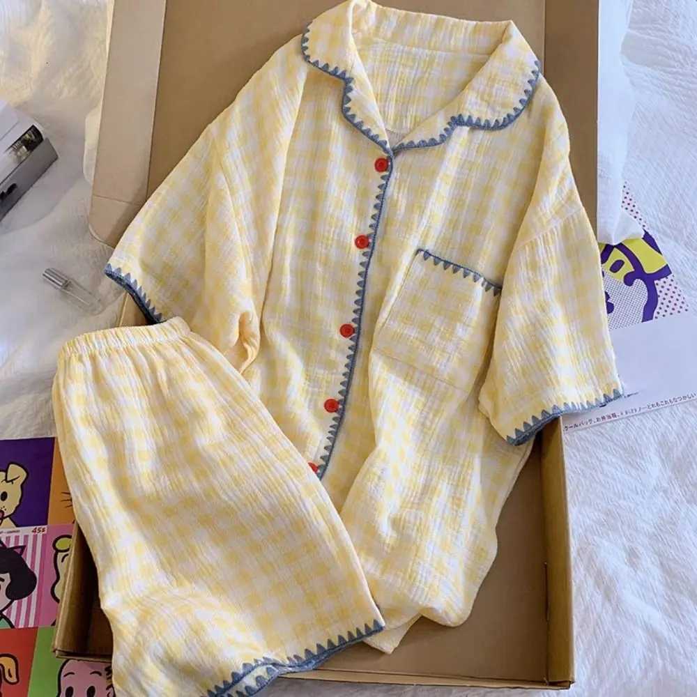 Fashion Sweet Plaid Pajamas Set Summer Thin Lattice 2 Piece Nightwear Home Wear Loose Short Sleeve Pajamas Indoor OutdoorT251014