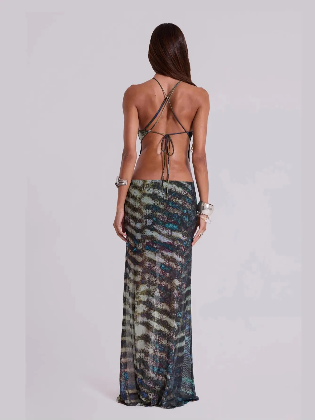Bohemian Maxi Dress Hollow Out Elegant Women Asymmetric Print Long Summer Casual Halter Backless Beach Cover Up 251009