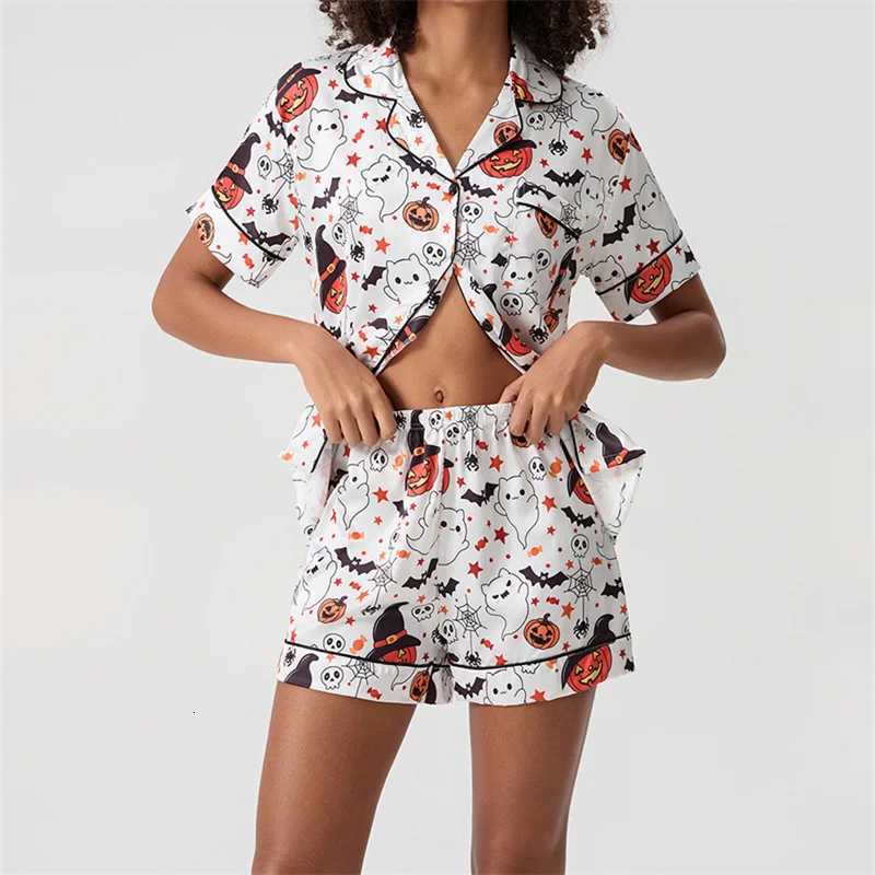 Halloween 2 Piece Pajama Set Women Ghost Pumpkin Graphic Short Pajamas Set Short Sleeve Button Top Comfy Shorts SleepwearT251014