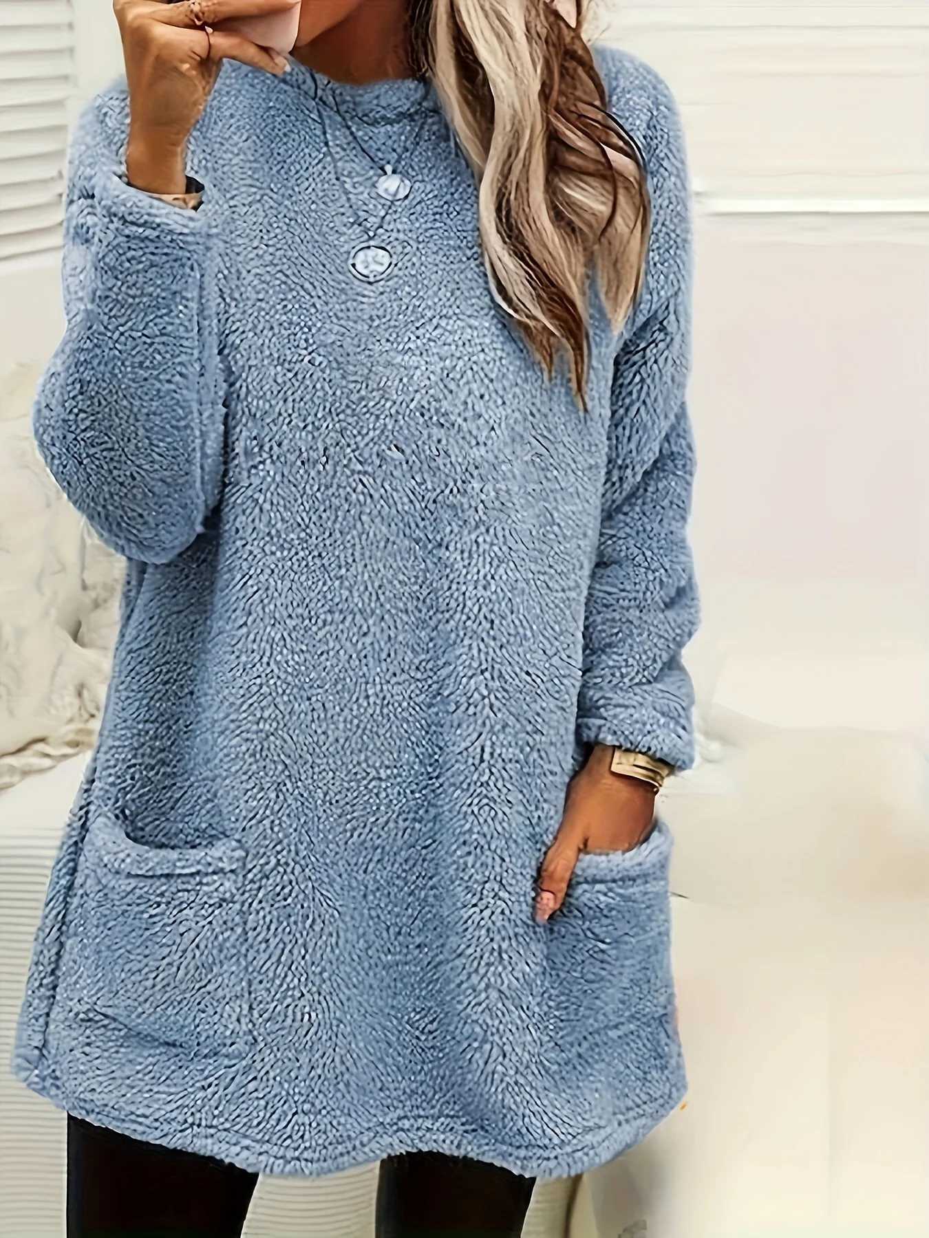 Plus Size Women Fleece Sweatshirt Solid Round Neck Soft Warm Sweater Casual Winter Long Sleeve Pullovers Y251013