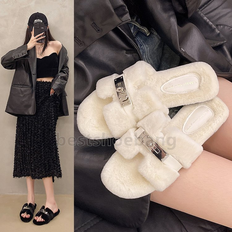Stylish Plush sandals comfortable Fuzzy Lining slides black white khaki pink Elegant Outdoor Indoor Winter womens slippers Size 35-40