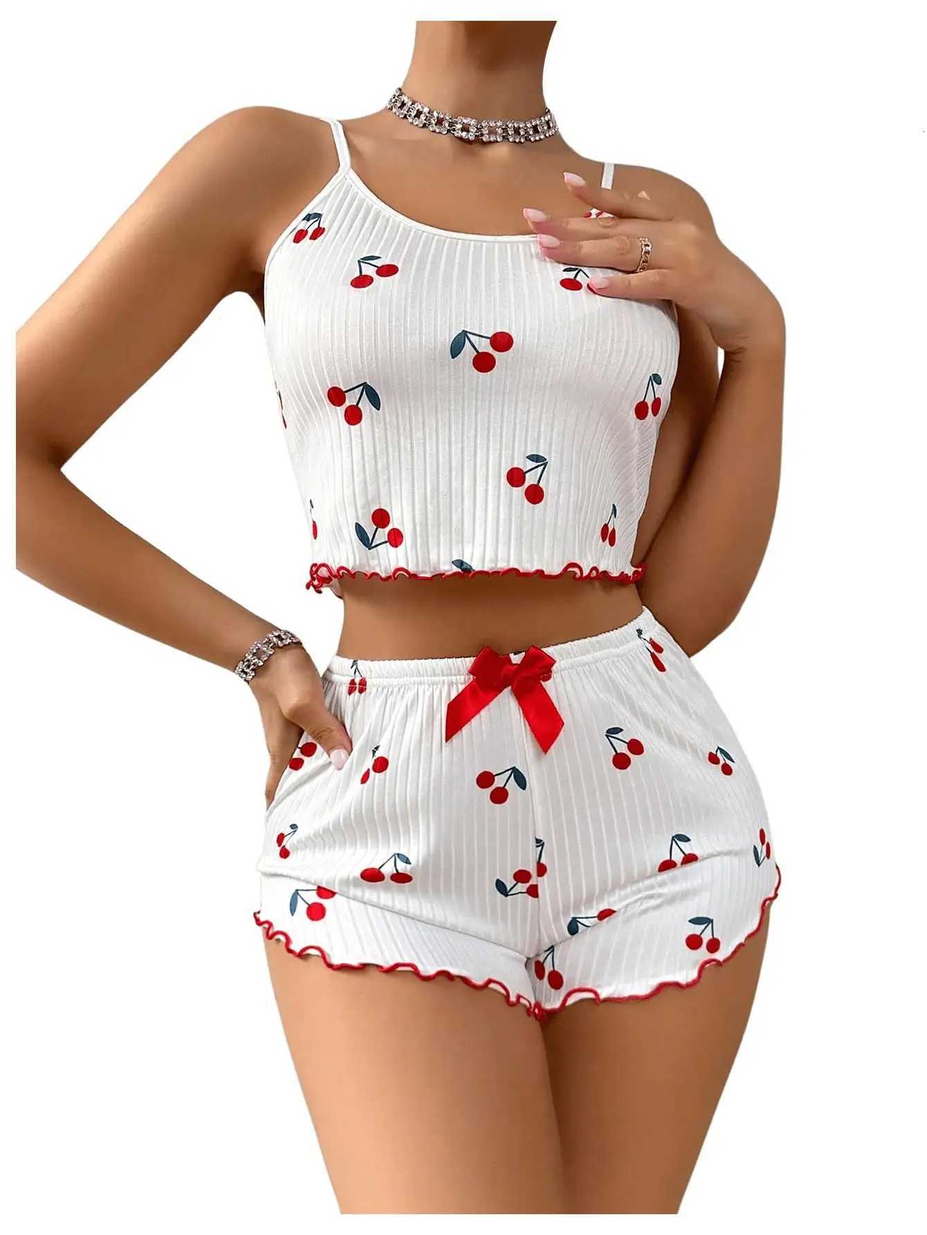 Two Piece Pajama Sets of Womens Cherry Print Crop Top High Waist Shorts with Lettuce Trim Sleepwear Cute for SummerT251014