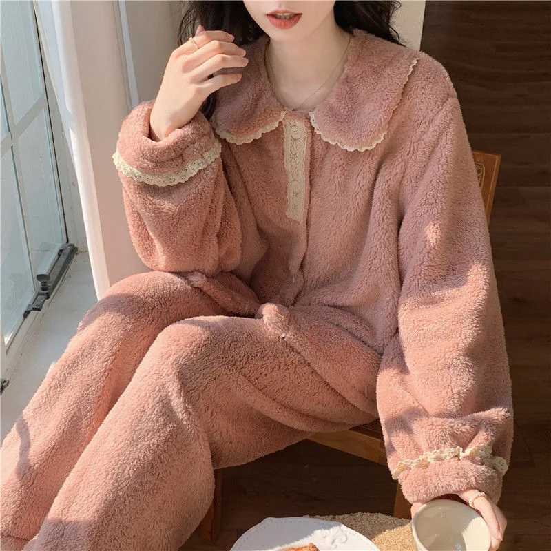 Thickened Warm French Sweet Coral Velvet Pajamas Womens Thick Winter Flannel Home Clothes Large Size Set Ladies Sleepwear Y251013