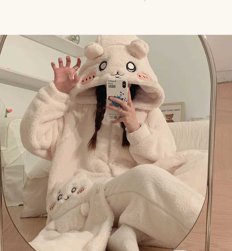 MXxl Miniso Chiikawa Coral Velvet Pajama WomenS Autumn And Winter New Cute Hooded Plush Pajama Sleeping Pants Home Sets Y251013