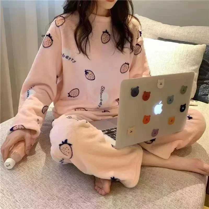 Thickened Warm Pyjamas Set for Womens Coral Velvet Sleepwear Student Long Sleeve Blue Striped Nightwear Homewear Cartoon Cute Y251013