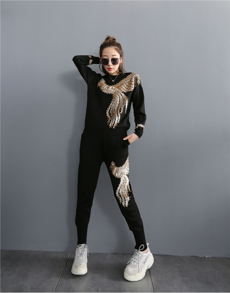 European autumn women's Phoenix embroidery knitted set, stylish and slimming Halon pants two-piece set