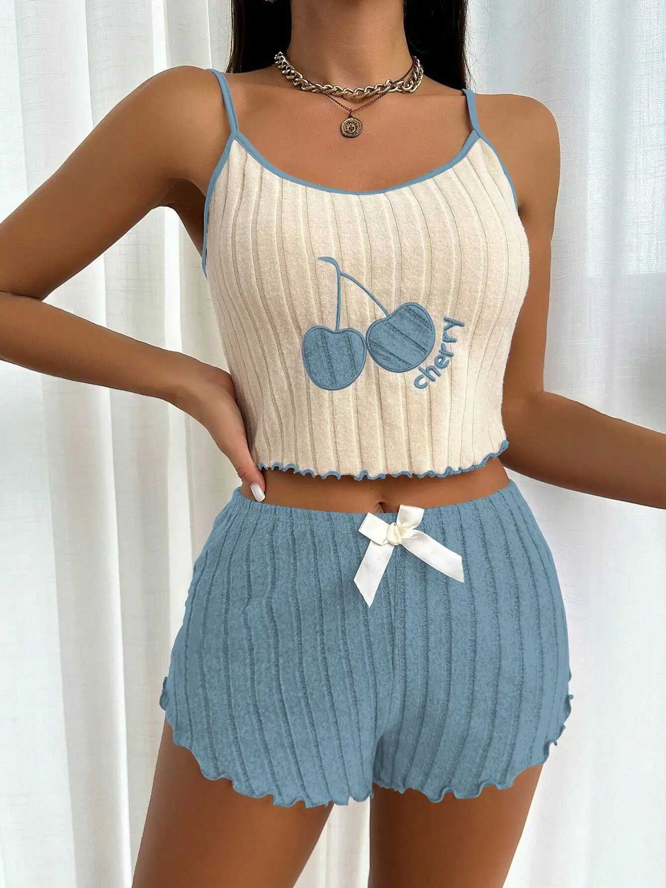 Summer 2pcs Pajamas Set for Women Casual Simple Ground Wool Halter Vest Shorts Set Home Wear Sleepwear LoungerwearT251014