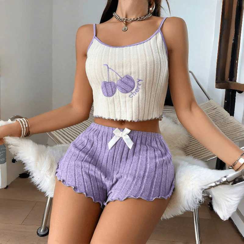 Summer 2pcs Pajamas Set for Women Casual Simple Ground Wool Halter Vest Shorts Set Home Wear Sleepwear LoungerwearT251014