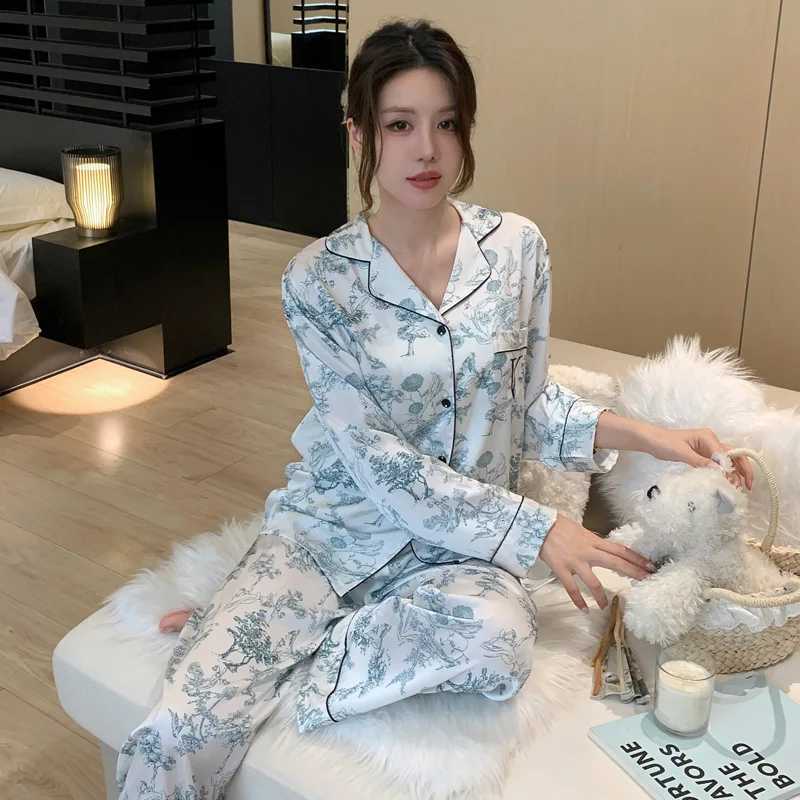 Womens New Arrival SilkFeel IceSilk Lightweight LongSleeve Pajama Set TwoPiece Comfortable Homewear SuitT251014