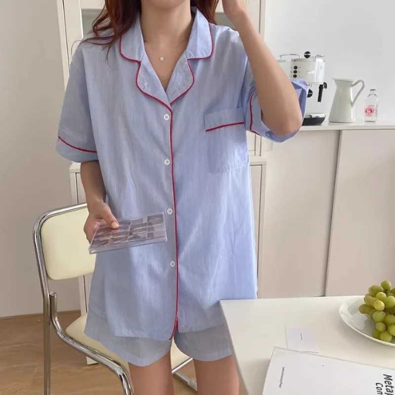 Womens Striped Solid Color Pajamas Short Sleeve Shorts Cardigan with Lapel Student Homewear TwoPiece Set Girl SleepwearT251014