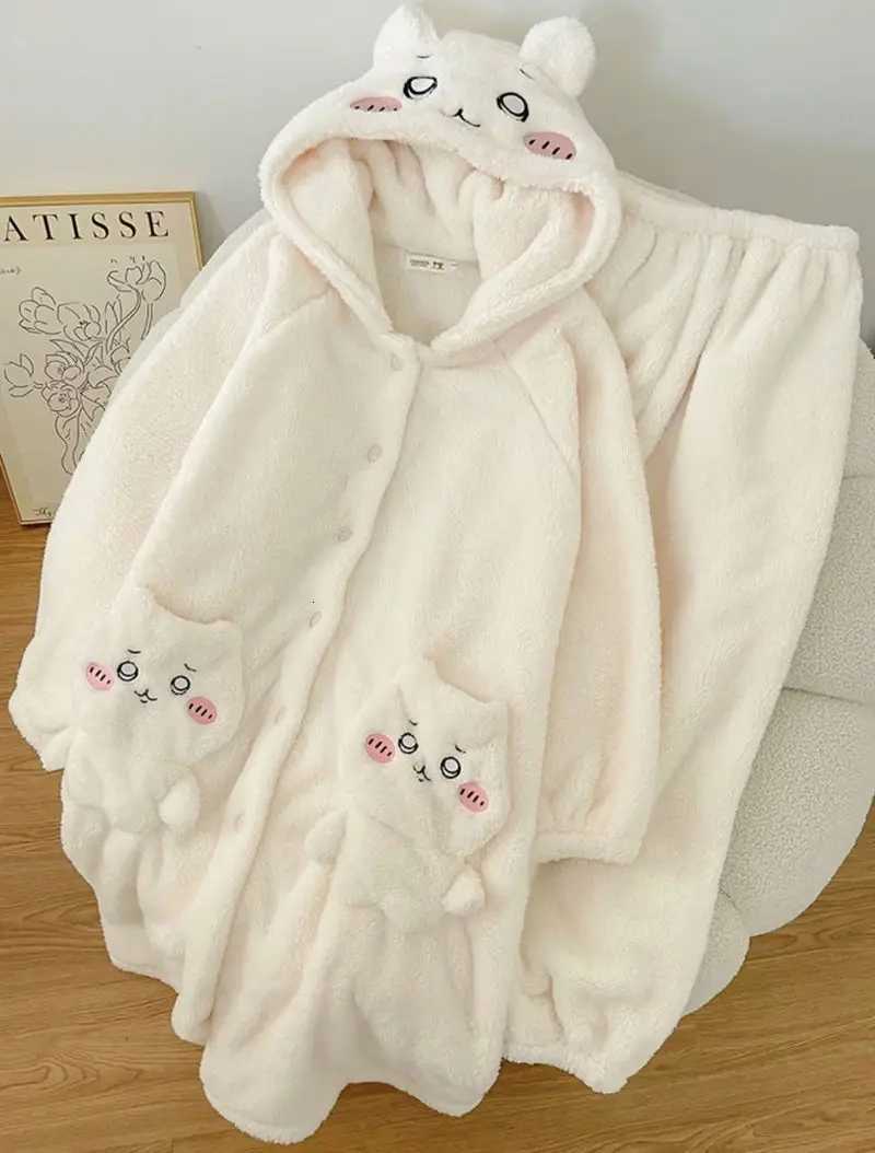 MXxl Miniso Chiikawa Coral Velvet Pajama WomenS Autumn And Winter New Cute Hooded Plush Pajama Sleeping Pants Home Sets Y251013