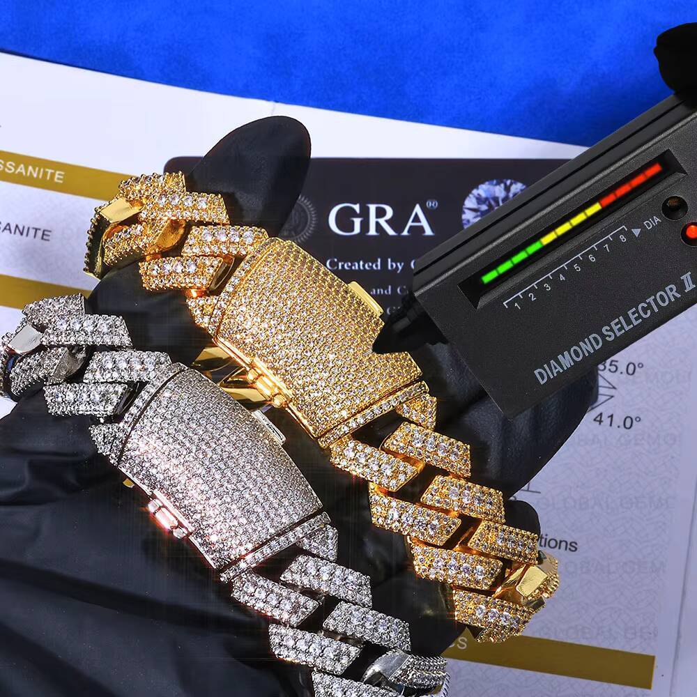NUOYA VVS Moissanite Iced Out Cuban Chain Bracelet 20MM Width 925 Silver Gold Miami Heavy Link Luxury Hip Hop Jewelry