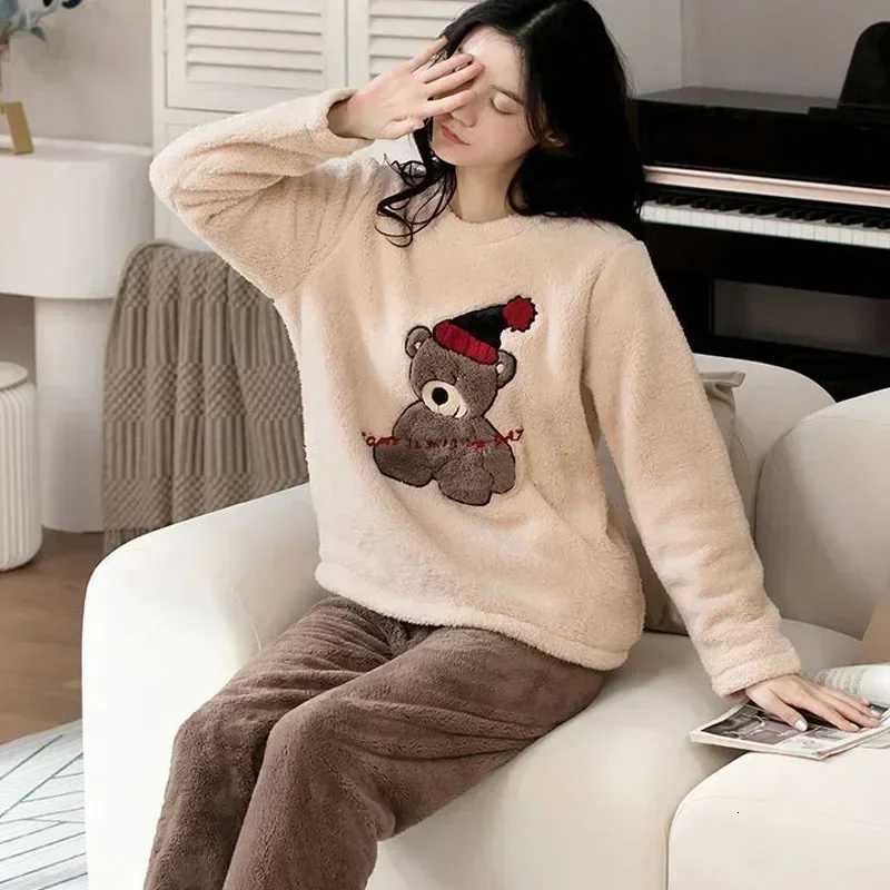 2 Piece Set Thickened Long Sleeve Trouser Set Couple Loungewear Women Flannel Cartoon Bear Gray TwoPiece Set Sleepwear Homewear Y251013