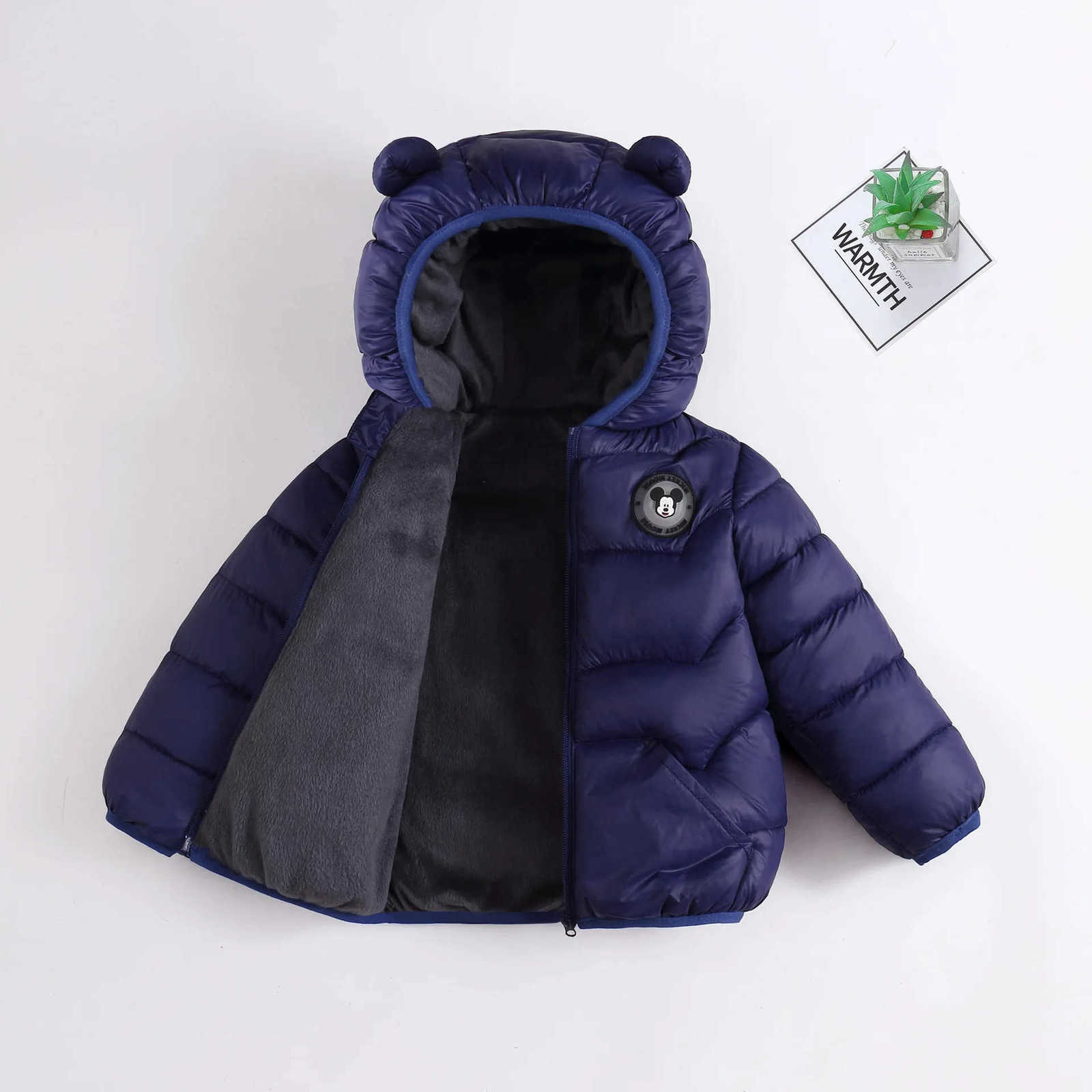 Disney Mickey Mouse Autumn Winter Warm Kids Outerwear Baby Boy Girl Thick Velvet Long Sleeved Zipper Down Jacket Children Light Up Coat H251014