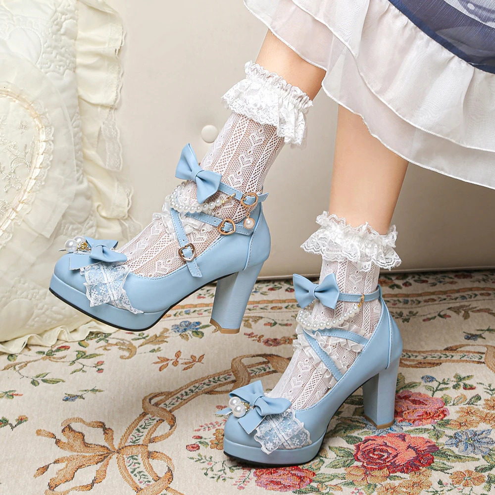 Cross Strap Pearl Women High Heels Mary Jane Pumps Party Wedding White Pink Black Strawberry Bow Princess Cosplay Lolita Shoes 251010