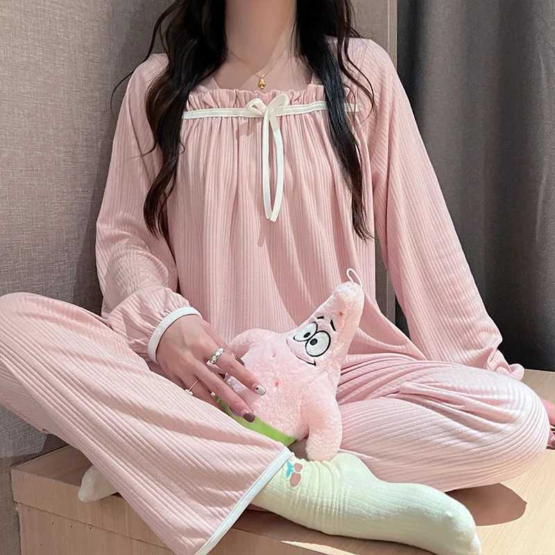 New 2Piece Set Of Ladies Pajamas Homewear Spring And Autumn Milk Silk LongSleeved Trousers Pajamas Womens Casual HomewearT251014