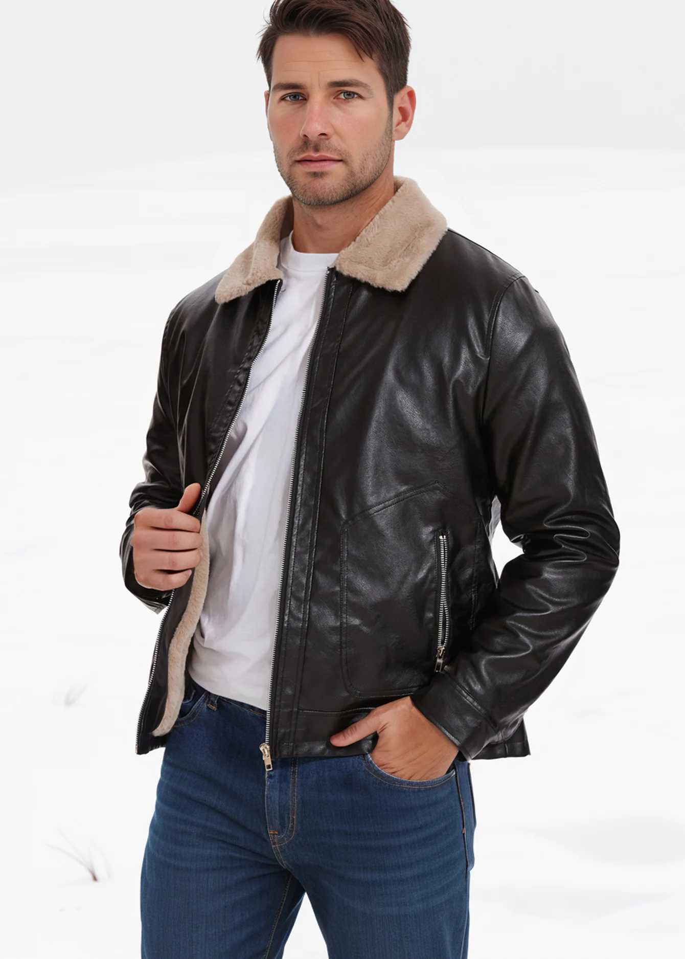 Mens Padded Lapel Leather Jacket Winter Fashion Jacket J251014