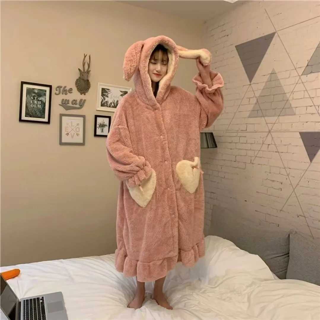 HOTSELLING 2025 Winter Pajamas Robe Lovely Long Ear Pink Hooded Homewear Loungewear Sleepwear Bathrobe Comfy Soft Pajama Party Y251013