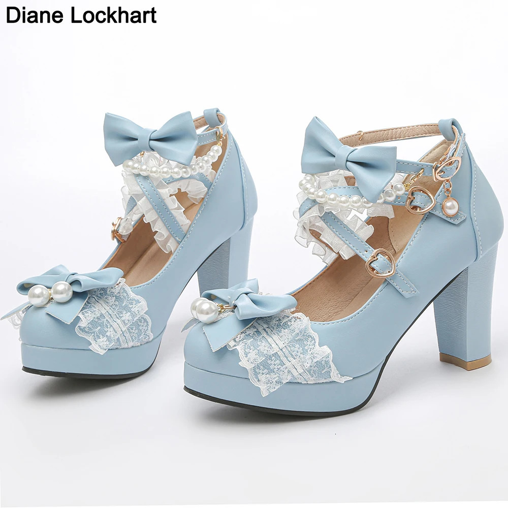 Cross Strap Pearl Women High Heels Mary Jane Pumps Party Wedding White Pink Black Strawberry Bow Princess Cosplay Lolita Shoes 251010