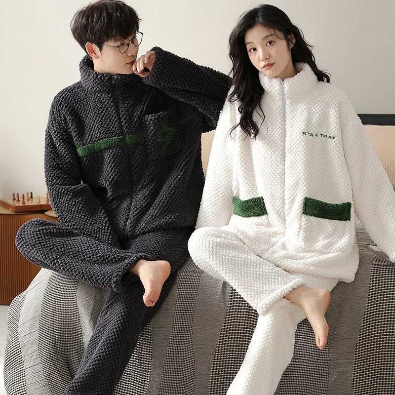 Coral Fleece Pajamas Couple Autumn and Winter Student Womens Thickened Warm Mens Flannel Loose Zipper Homewear Set pyjamasT251014