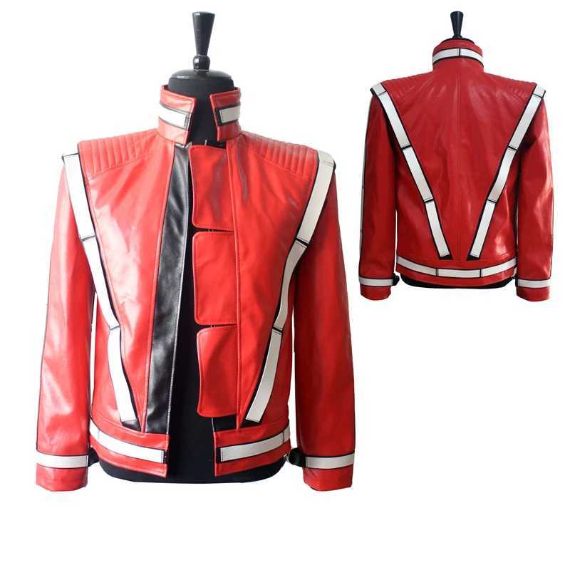 2016 Punk Novelty Rare Cool Men Red MJ Thriller Open Stitch Vocal Concert Leather Fashion Jacket Outwear J251014