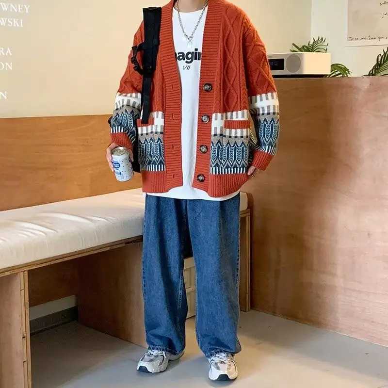 2023 New Autumn and Winter Fashion Academy Style Vne Printed Single Breasted Loose Casual Oversize Mens Sweater Cardigan W251014
