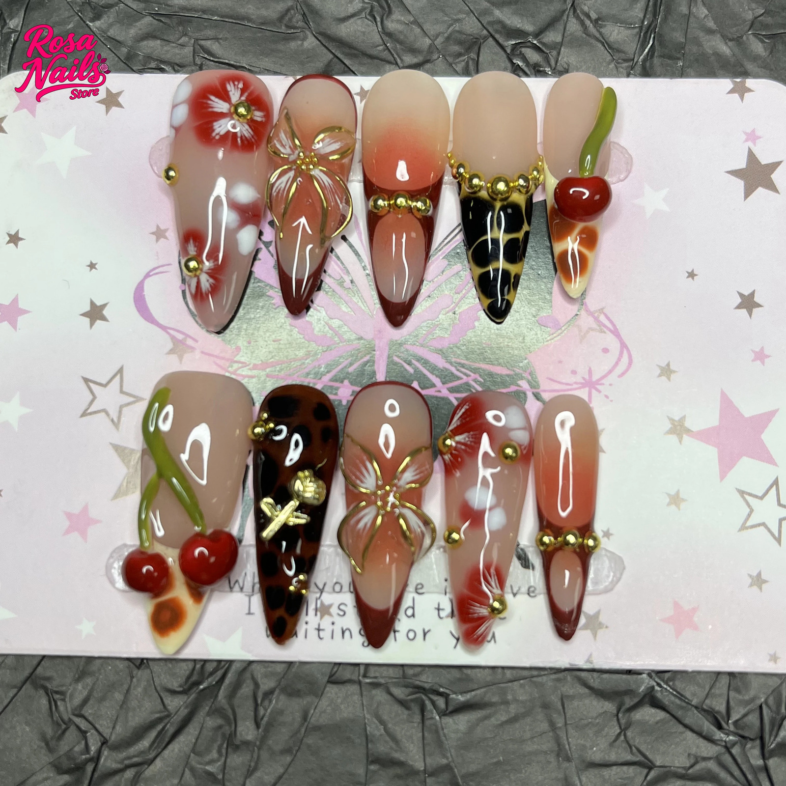 10pcs Handmade Press on Nails Long Stiletto 3D Cherry Press Ons Fall Autumn Gold Flower Golden Floral French Tips Nail Art Nails 251010