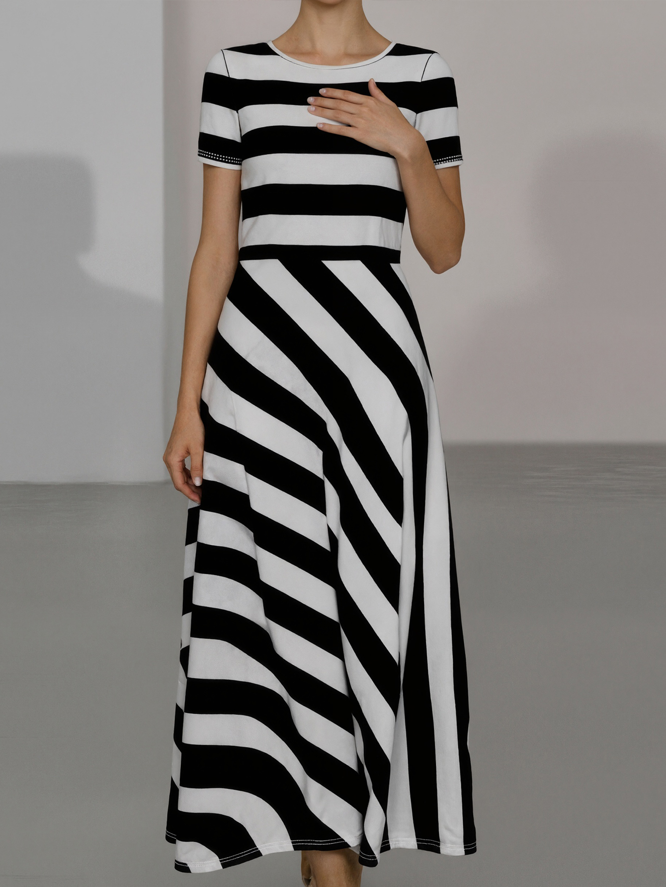 Women's Spring Summer New Fashion Mom - Style Office & Versatile Crew Neck Short - Sleeve Striped Midi Dress-CF53908
