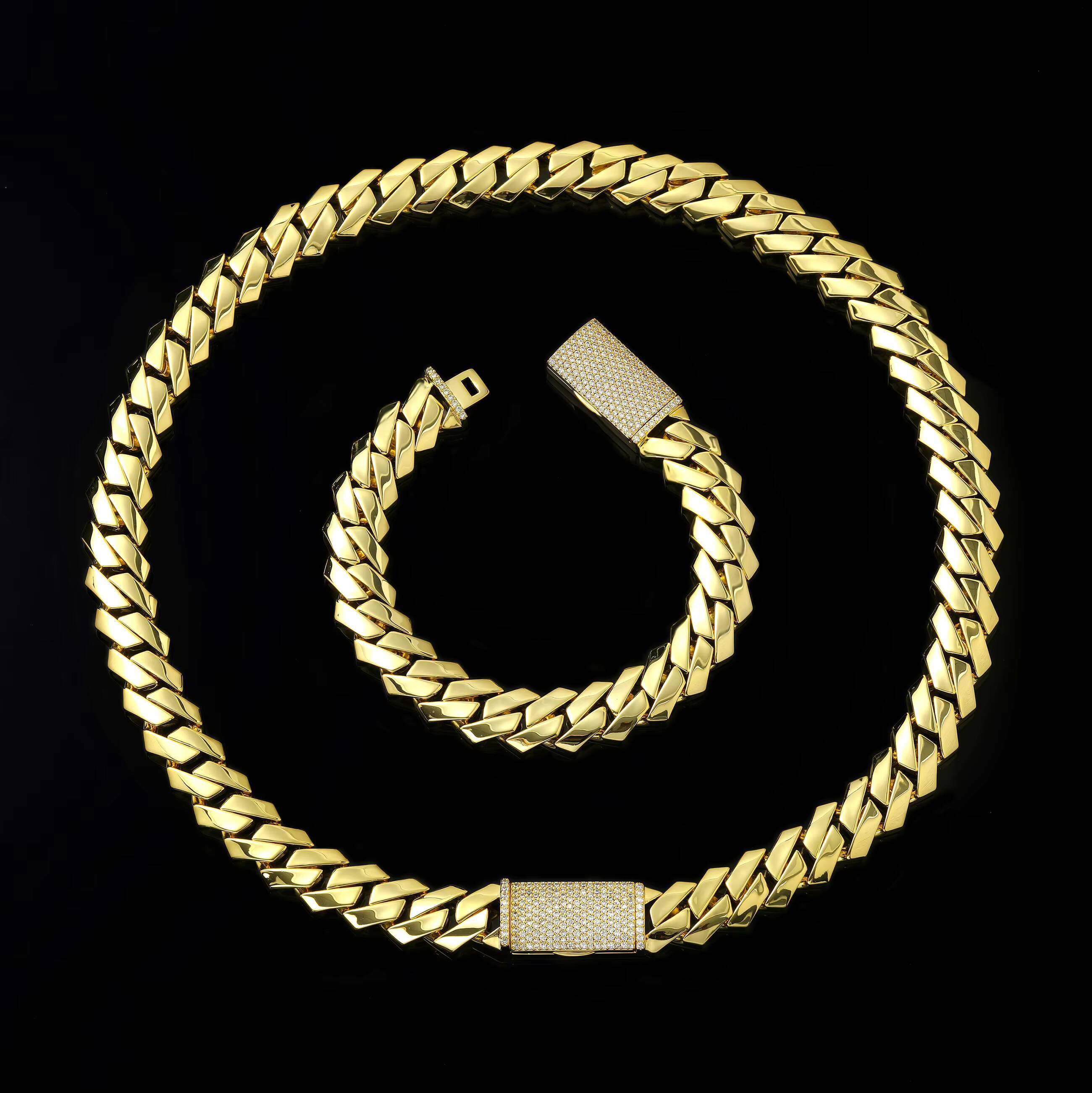 YIWEN Jewelry Miami Cuban Chain Necklace Bracelet Set Brass Cuban Link Chain Necklace Hip Hop for Men