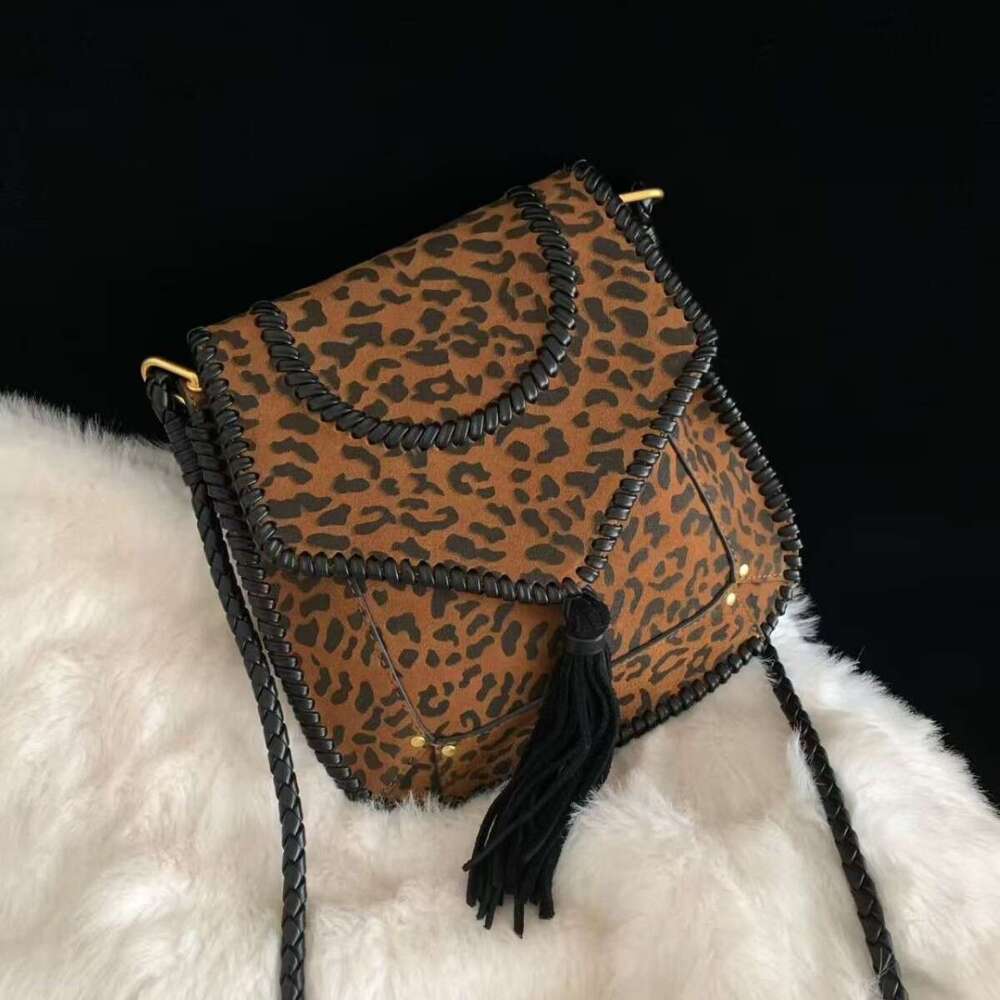 Luxury bag Frosted Cowhide Saddle Niche Design Woven Leopard Print Phone Suede Tassel Crossbody Genuine Leather Bag for Women