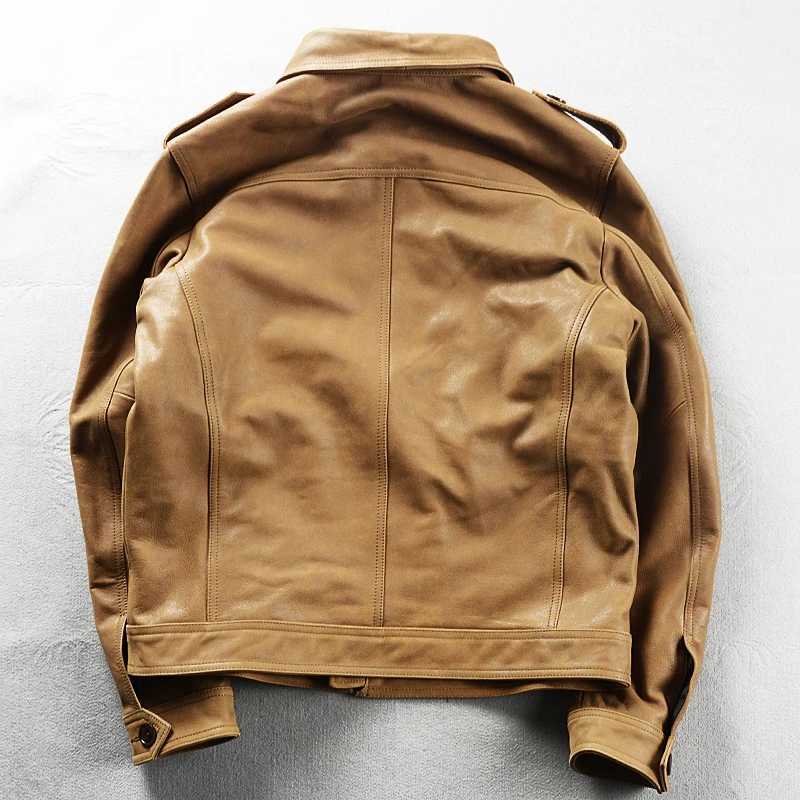 Khaki Autumn Leather Jacket Men Safari Style Plus Size 5XL Genuine Natural Cowhide Four Pockets M65 Leather Coat J251014