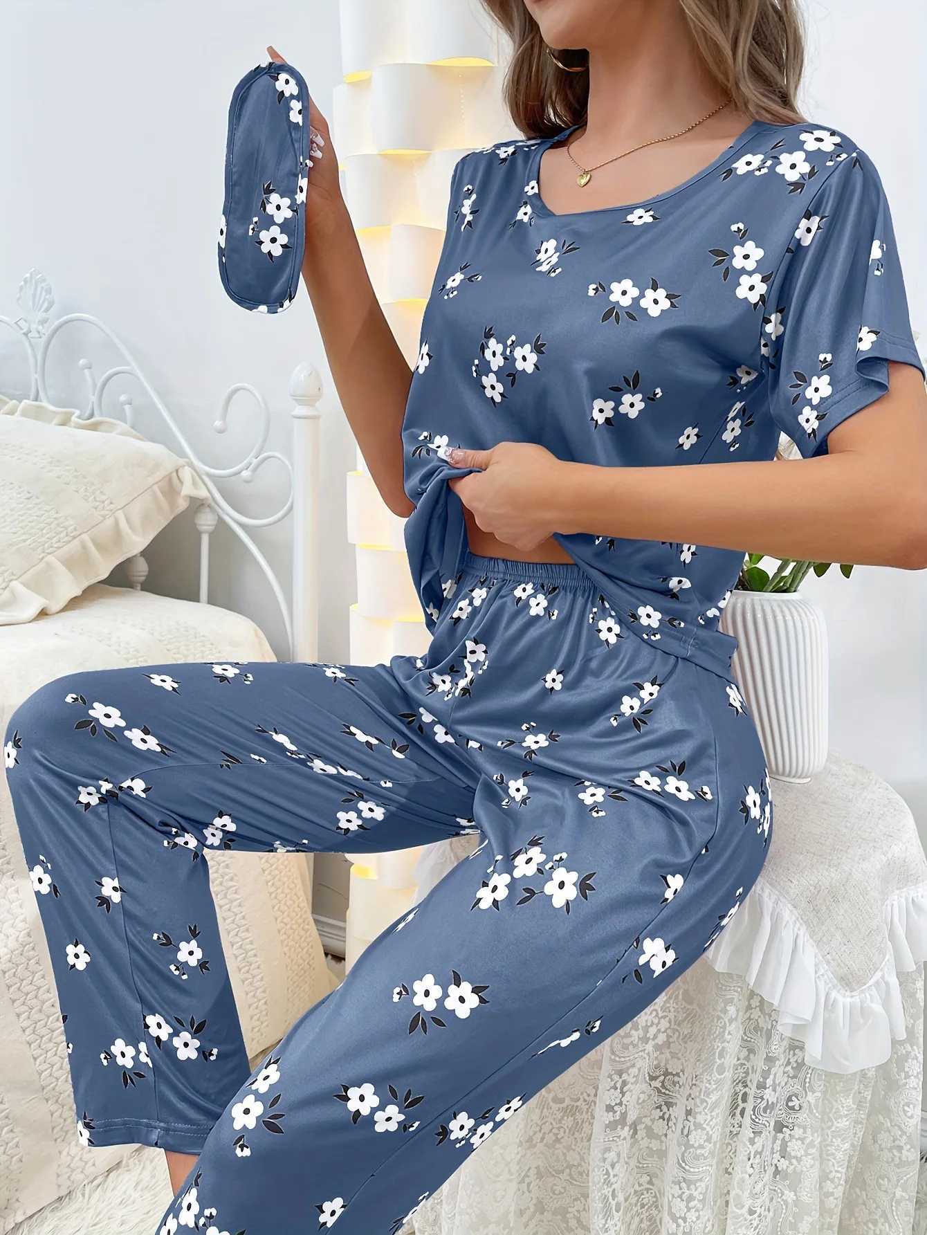 Womens Pajamas Set Milk Silk Printing Pajam Short Sleeve Round Neck Long Pants Lightweight Homewear Loungewear Floral NightwearT251014