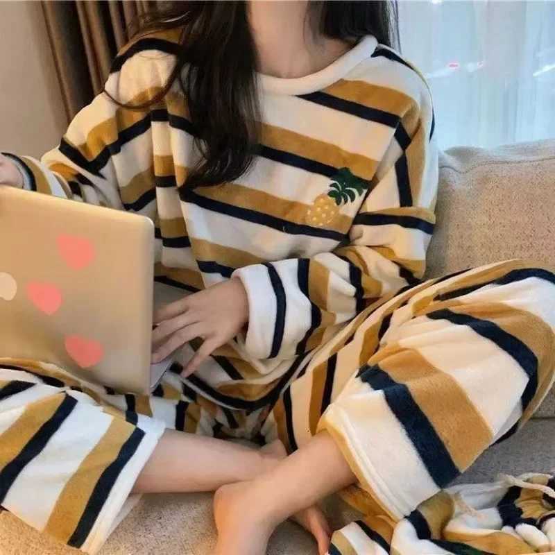 Thickened Warm Pyjamas Set for Womens Coral Velvet Sleepwear Student Long Sleeve Blue Striped Nightwear Homewear Cartoon Cute Y251013
