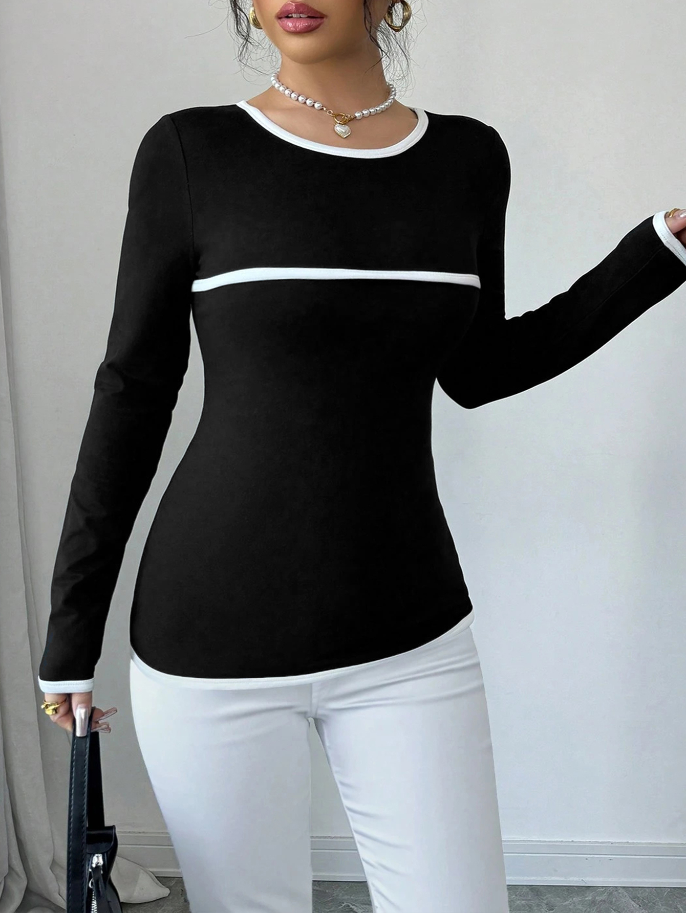 Women's Autumn French Elegant Black & White Contrast Long-Sleeve T-Shirt - Casual & Versatile Top-SZ25128