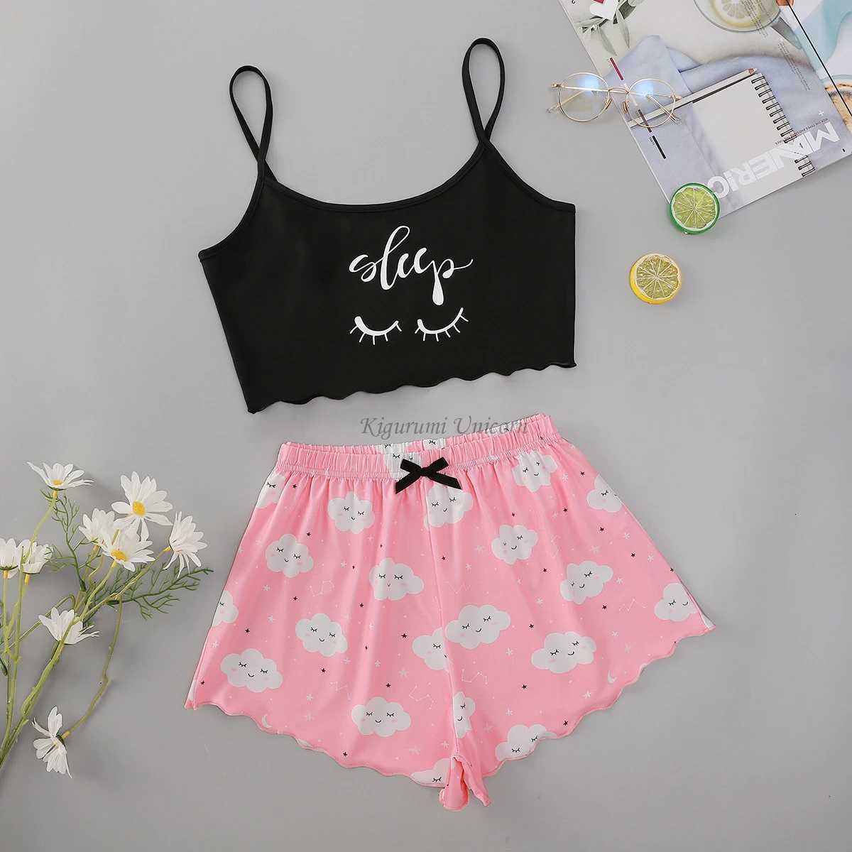 Womens Sleepwear Cute Cartoon Print Short Set Pajamas for Women Pajama Set Sweet Short Sleeve VNeck Shorts Summer PijamaT251014