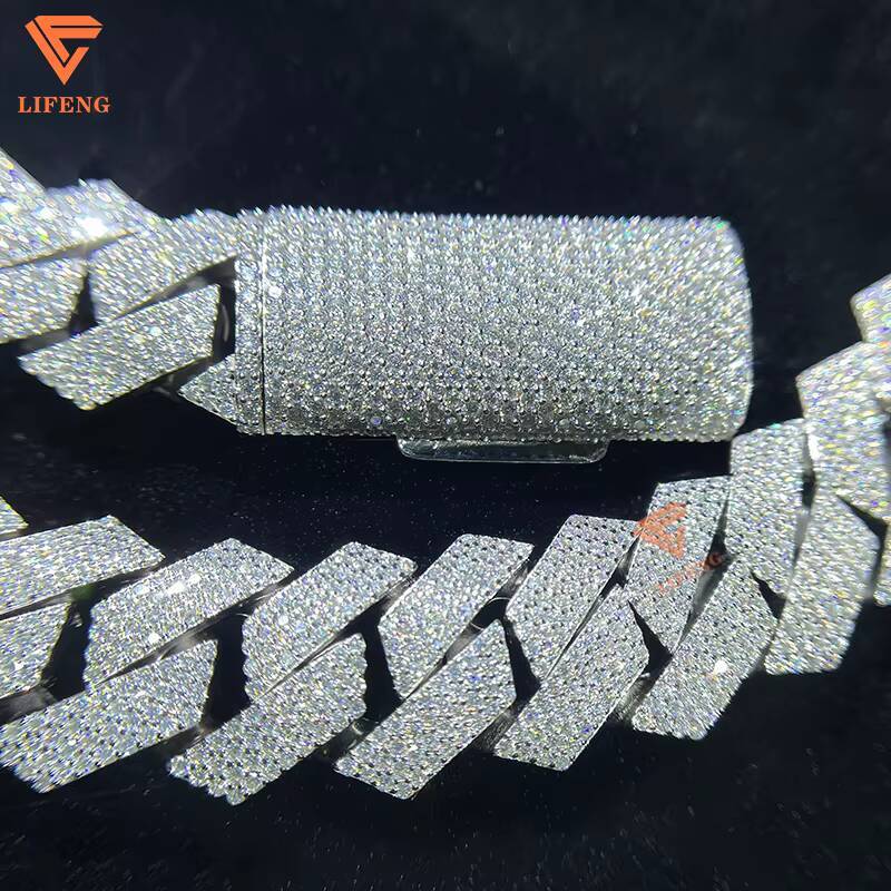 Lifeng 15mm 4row Moissanite Cuban Link Chain White Gold Plated 925 Silver Hip Hop Cuban Chain Necklace Fashion Jewelry for Men