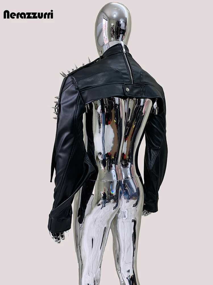 Mauroicardi Cool Black Cropped Pu Leather Jacket Men Rivet Shoulder Pads Zip Up Short Luxury Punk Style Clothes European Fashion J251014