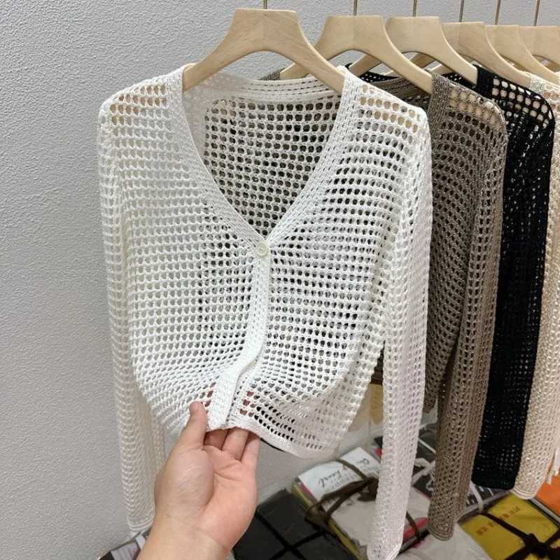 Hollow Mesh Ice Silk Suns Jaet for Womens Summer Long Sved Outerwear wi Small Shl Knitted Cardigan W251014
