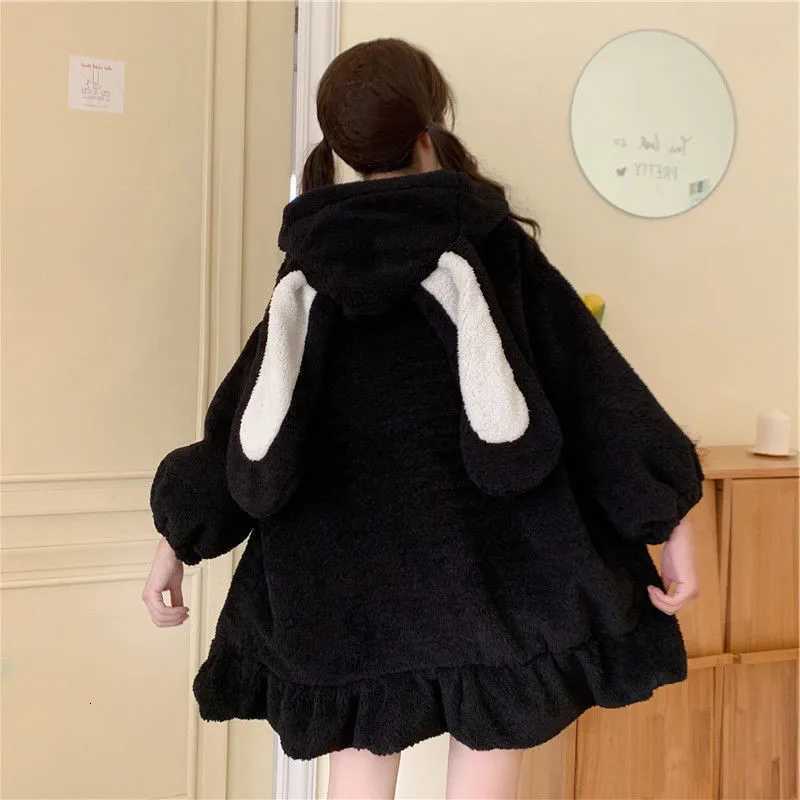 Rabbit Women Winter Long Sleeve Fuzzy Hooded et Harajuku Kawaii Bunny Ears Zip Up Cardigan Coat Plush Warm Ruffles Outwear Y251013