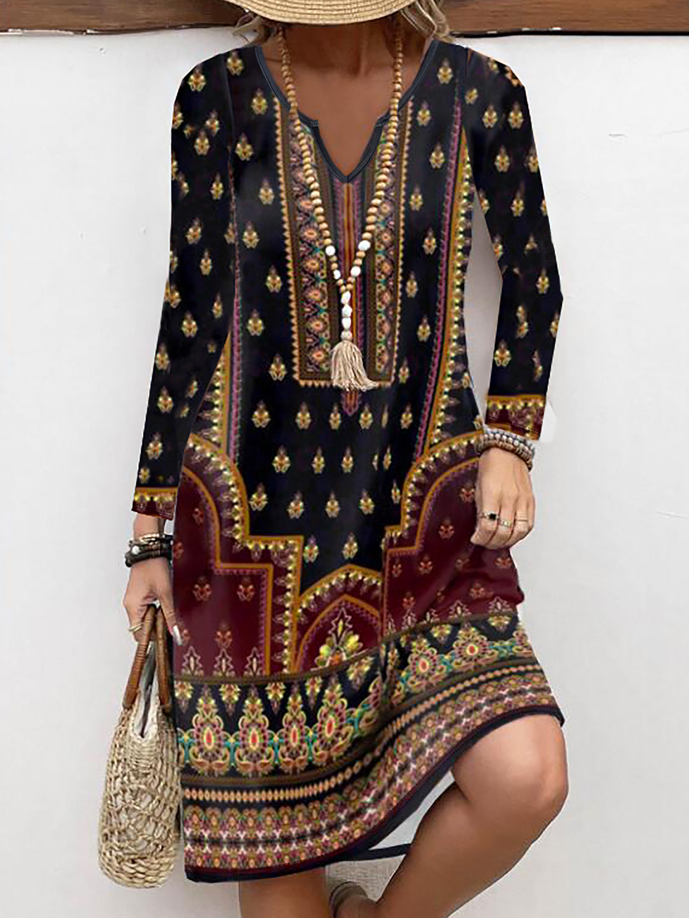 Women's Autumn Winter Retro Ethnic Paisley Printed Midi Dress-CF40021