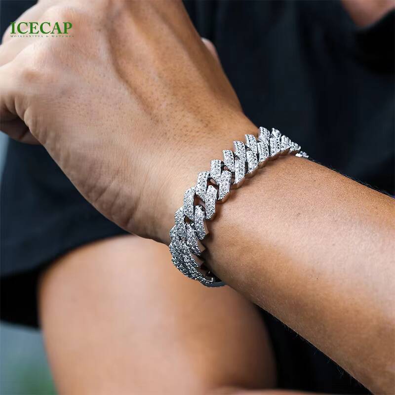 14mm 2 Rows High Quality D Color Moissanite Bracelets Pass Diamond Tester 925 Silver Hiphop Style Cuban Bracelet