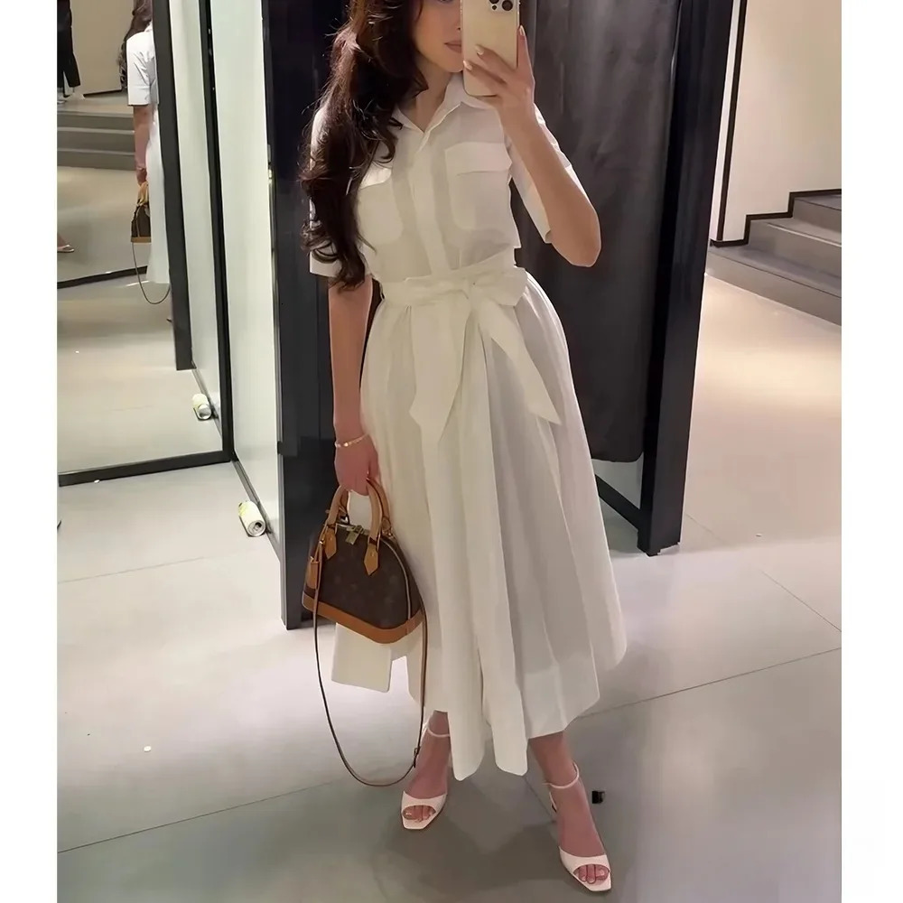 KONDALA Casual Chic Red Women Sashes Long Dress Women Pockets Short Sleeve Summer Dress Fashion 2025 Spring Summer Women Vestido251010