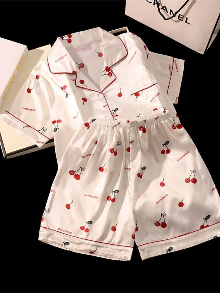 Cherry Print Silk Pajamas Set for Women Summer Short Sleeve Shirt and Shorts Two Pieces Sleepwear Homewear NightwearT251014
