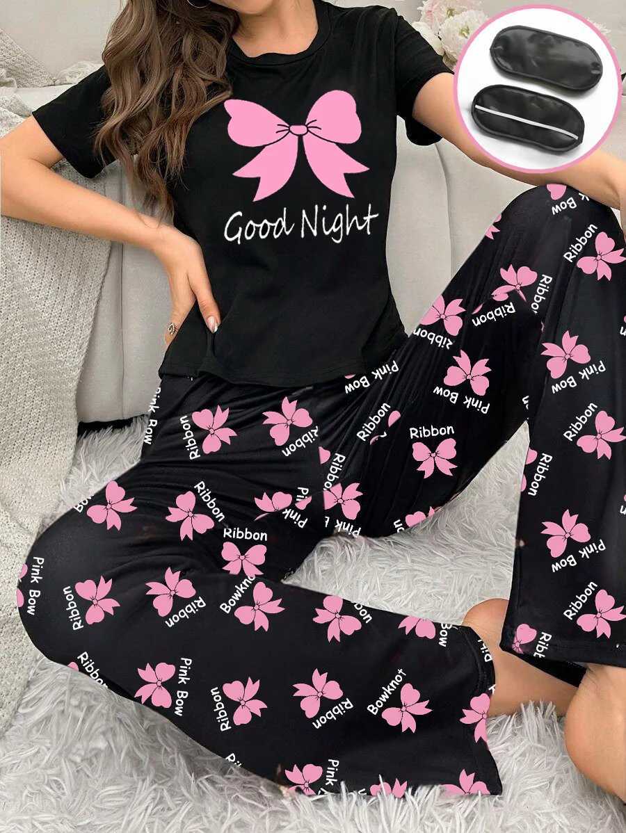 Womens new style bow print shortsleeved trousers twopiece casual comfort home wear eye mask pajamas setT251014