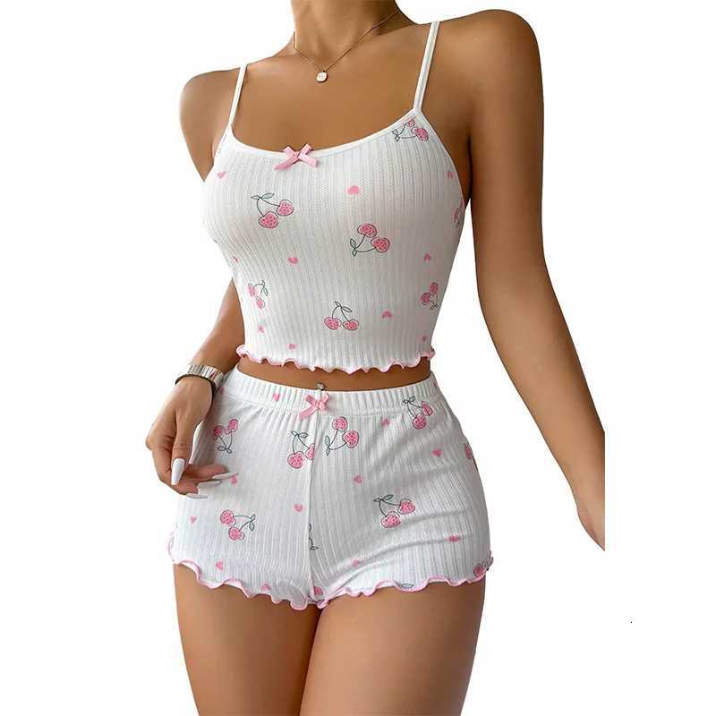 2Piece Pajama Set for Women Cherry Print Bow Front Cami Top and Short Pajama Set Cute Soft SleepwearT251014