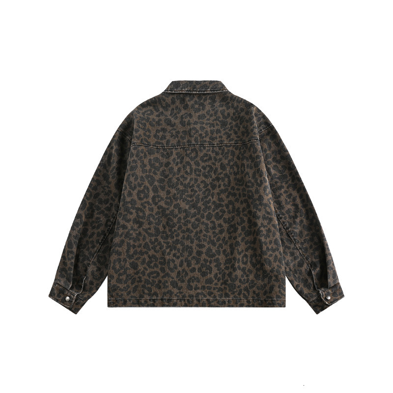 National Trend American High Street Washed Leopard Print Workwear Jacket Unisex Spring Autumn Trendy Loose TurnDown Collar Coat 250617
